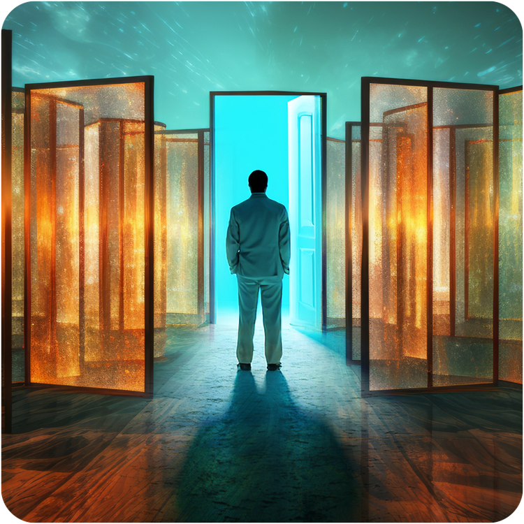 colorful doors with one open and man from back view